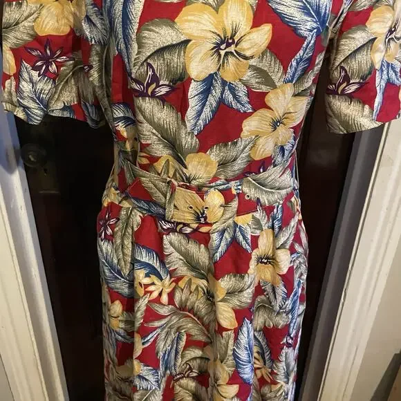 Vintage 90s Talbots Womens 8 Belted Linen Blend Short Sleeve Hawaiian Dress USA - Picture 11 of 15